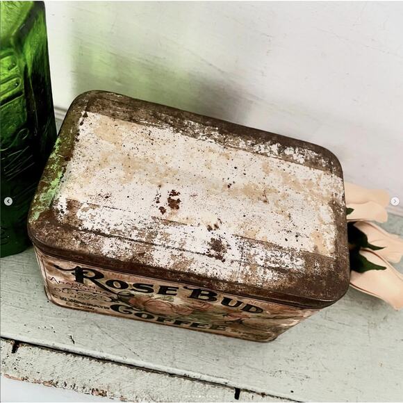 Antique Rare Shabby Rose Bud Coffee Tin Can Canister Box Hinged Lid Paper Label - Picture 5 of 10